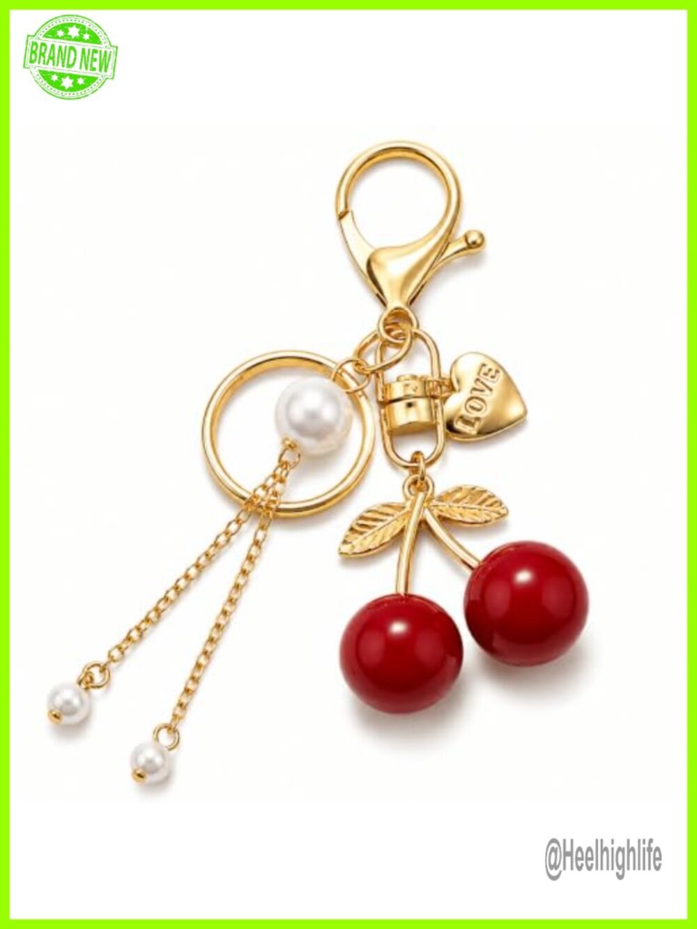 Pearl Tassel Cherry Bag Charm Keychain with Love Heart Accent